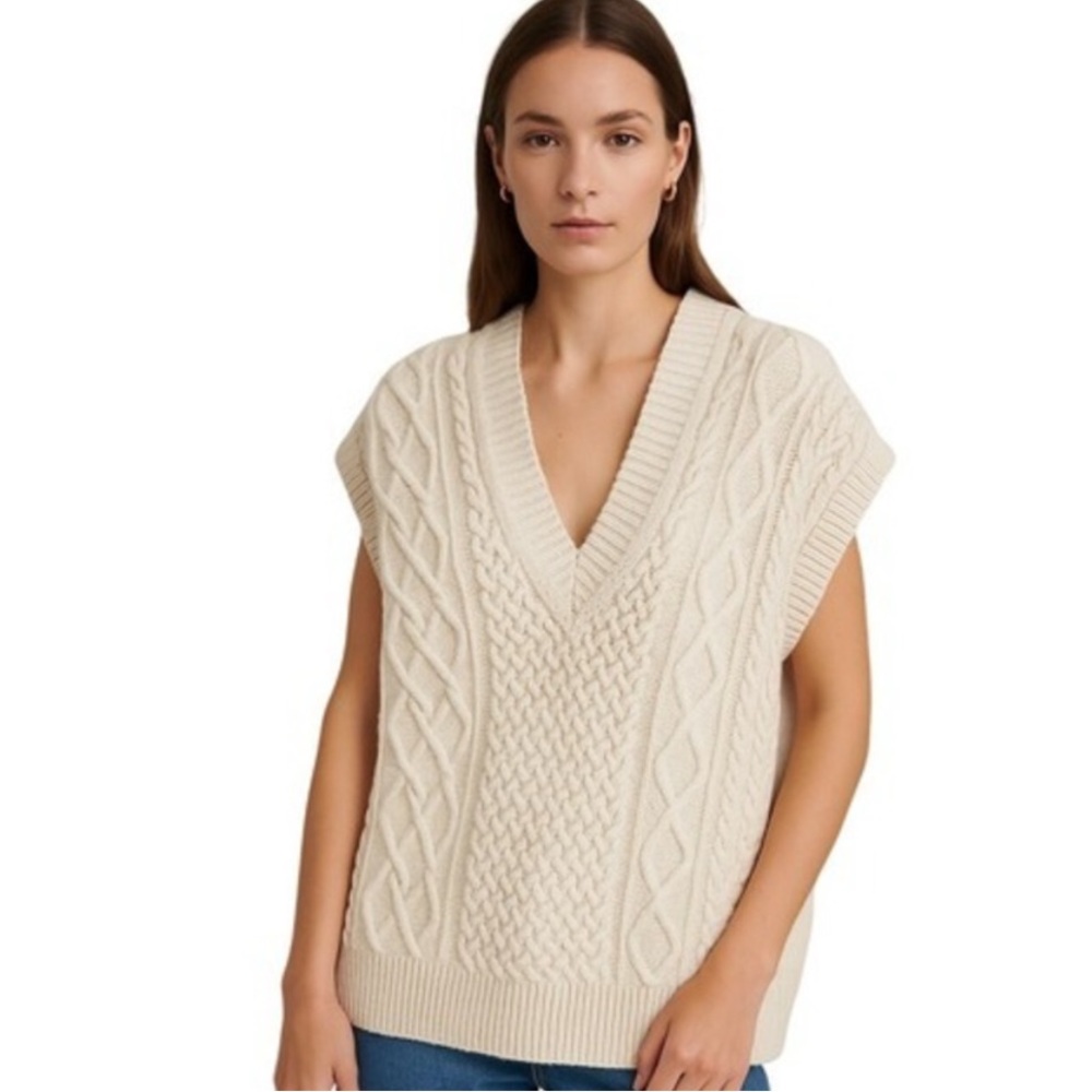 Frankie Shop Cream V-Neck Cable Knit Sweater